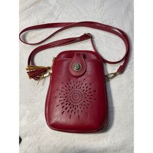Aphrison Red Faux Leather Laser Cut Sunburst Tassel Crossbody Phone Bag